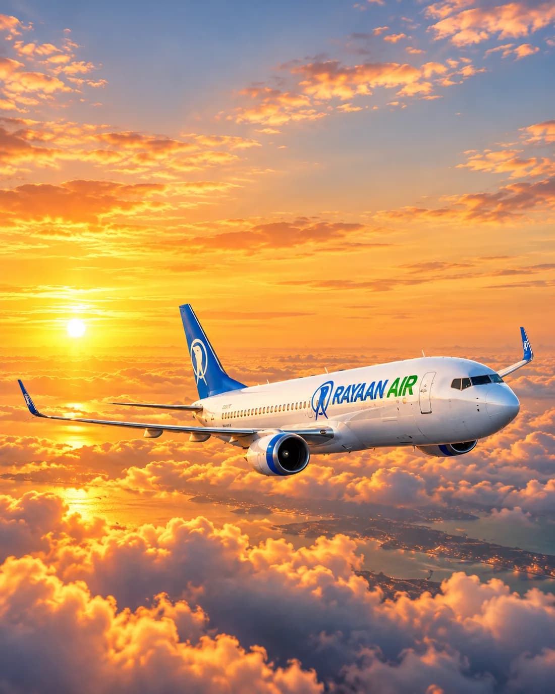 Illustration of a Rayaan Air aircraft flying above sunset clouds